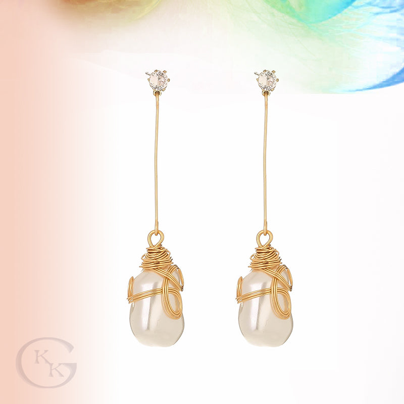 Long Charm Shaped FAUX Pearl Drop Earrings with gold Fringe