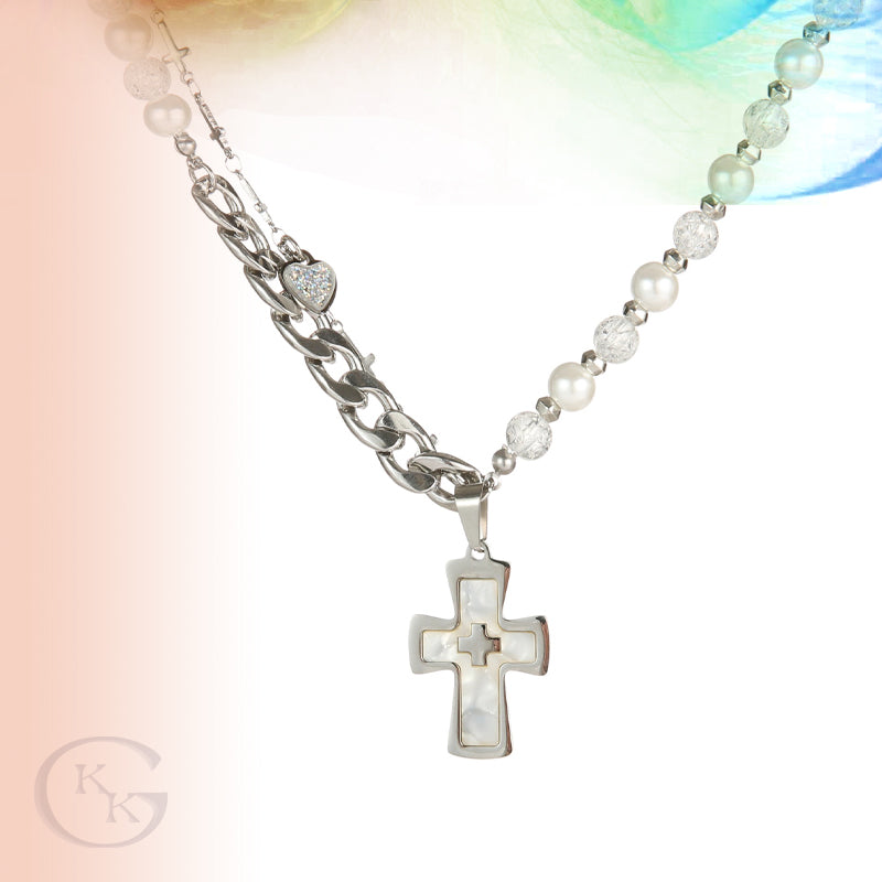 Titanium Steel Pearl Beaded Cross Pendant Necklace for Men