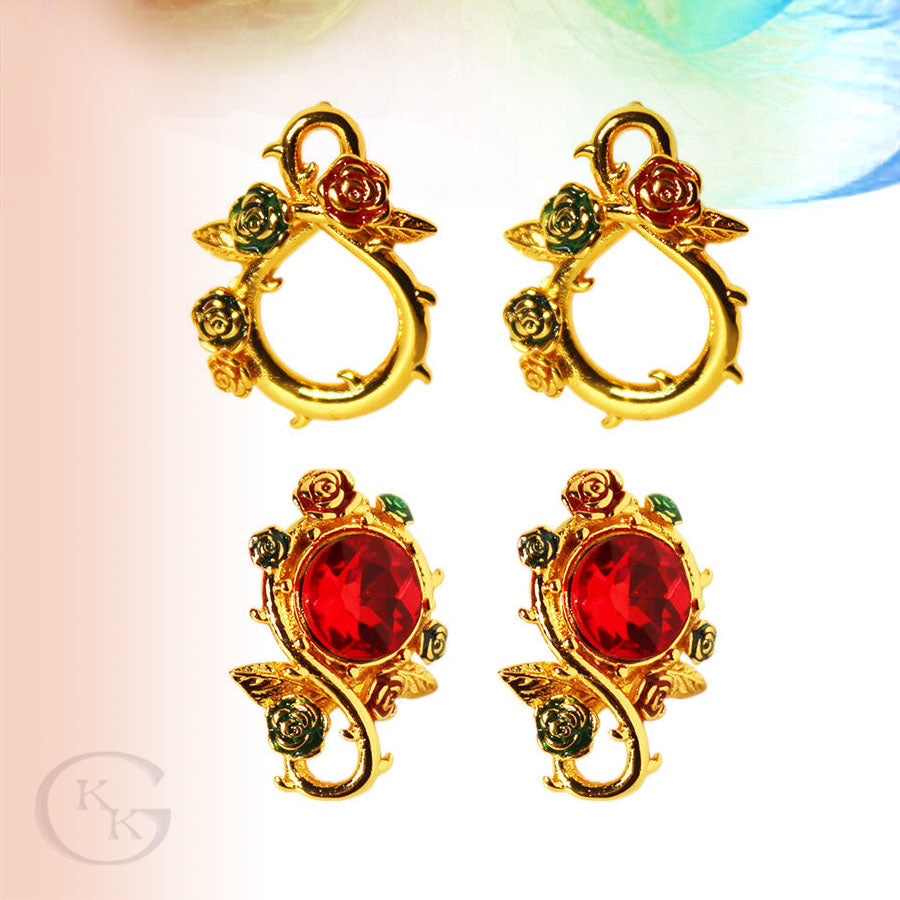 Vintage Dripped Enamel Contrast Color Ruby Flower Pierced Earrings