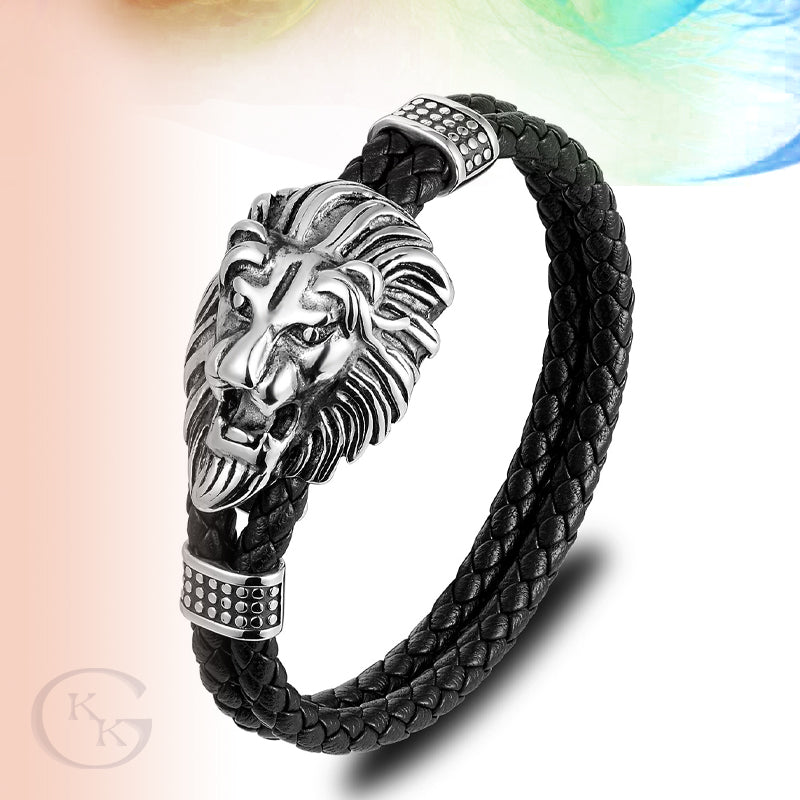 Stainless Steel Lion Head Genuine Leather Bangle Bracelet
