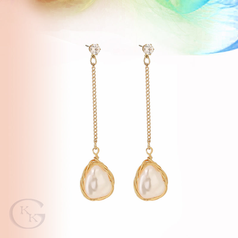 Long Gold FAUX Pearl Drop Earrings