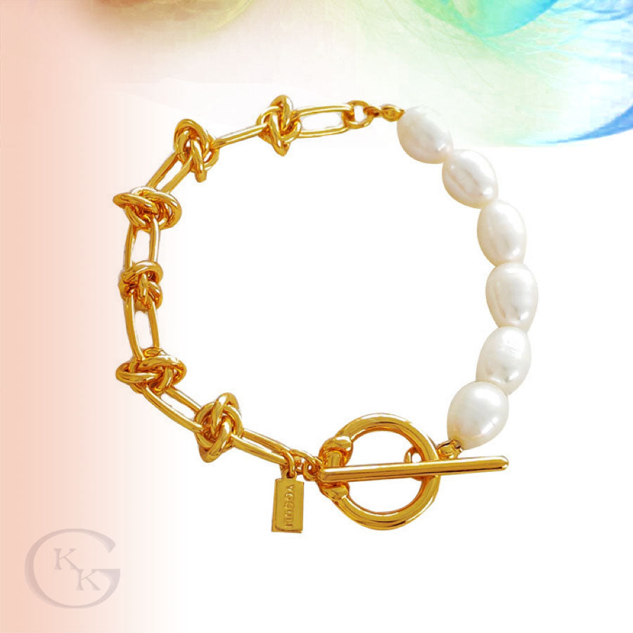 Vintage Gold Plated Copper OT Buckle Pearl Bracelet for Women