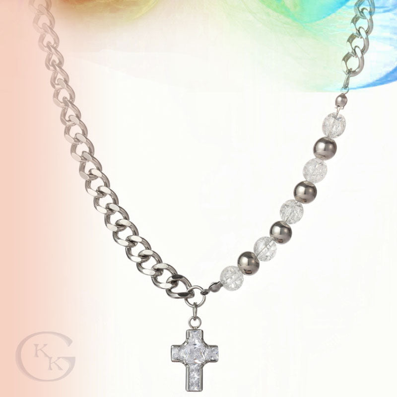 Titanium Steel Rhinestone Inlaid Cross Quban Chain Necklace for Men