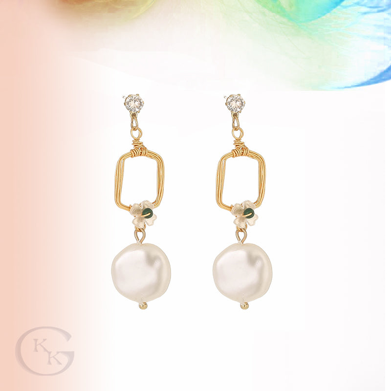 Flower Charm Square Drop FAUX Pearl Earring