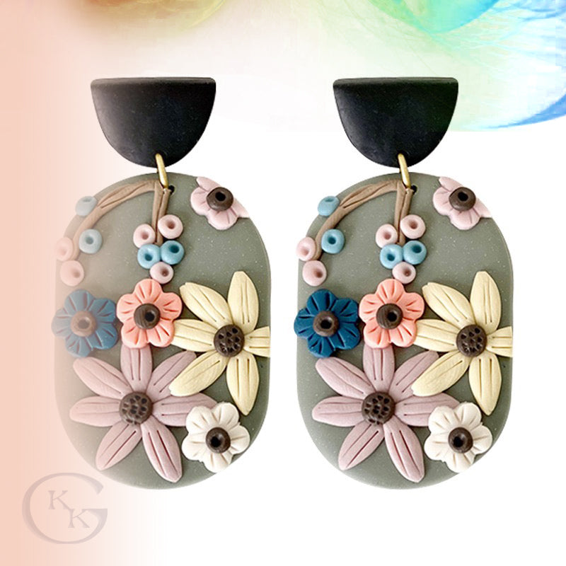 Handmade Cute Oval with Flower Earring