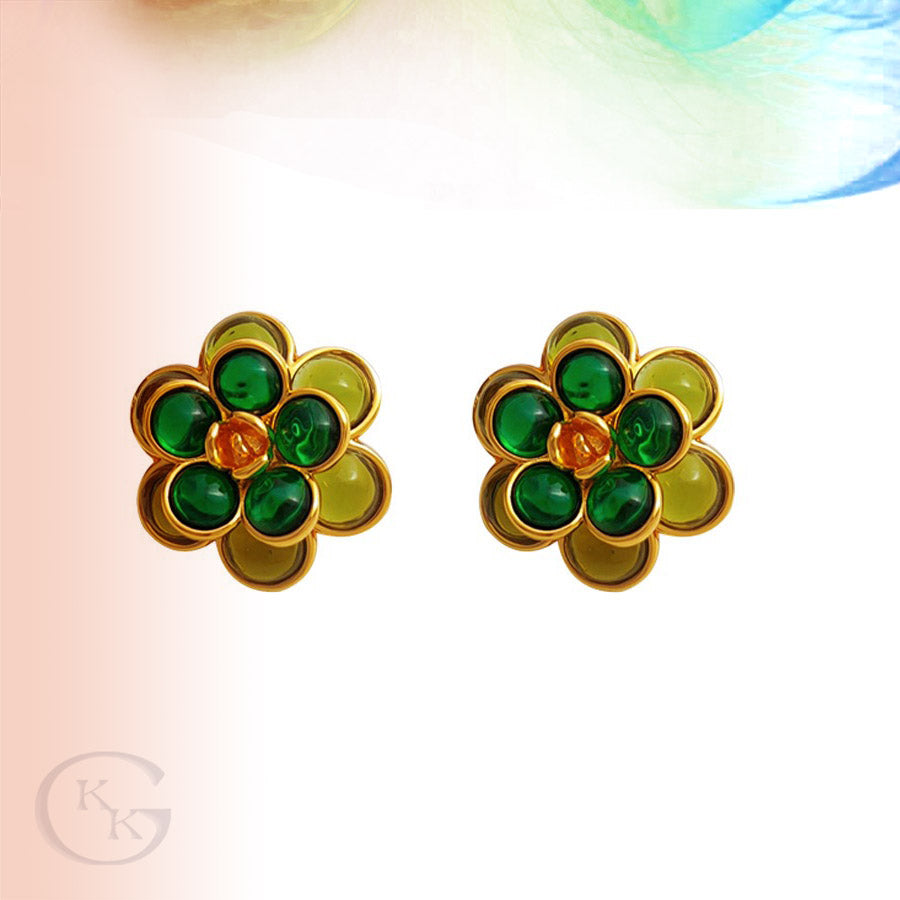 Vintage Real Gold Plated Green Flower New Pierced Earring