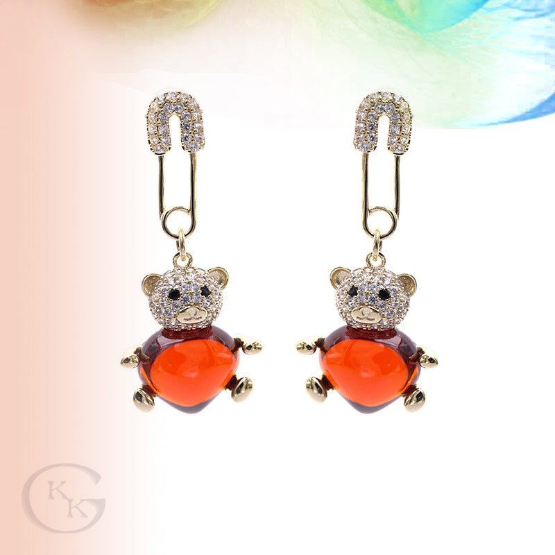 Real Gold Plated Cute Heart Zircon Inlaid Bear Earrings