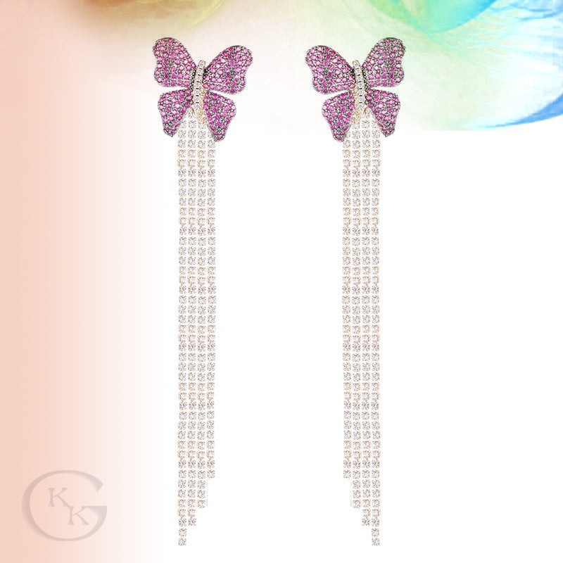 Zircon Inlaid Double Colors Butterfly Long Tassel Earrings