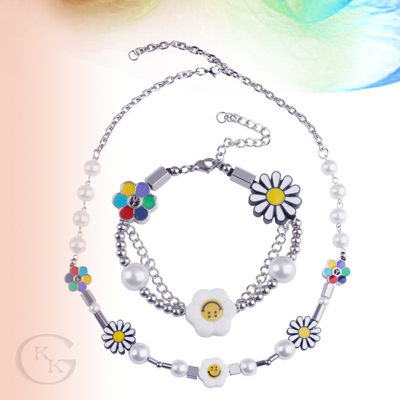 Smile Face Sun Flower Pearl Necklace & Bracelet Set