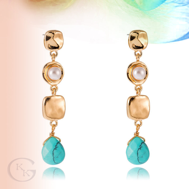 Block with Turquoise & Pearl Inlaid Long Drop Earrings