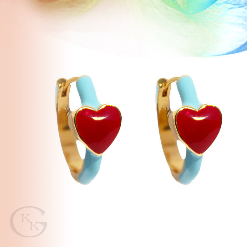 Blue Enamel & Red Heart Drip Enamel Contrast Earrings