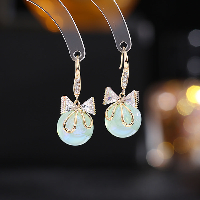 Pearl with Zircon Inlaid Bows Drop Earrings