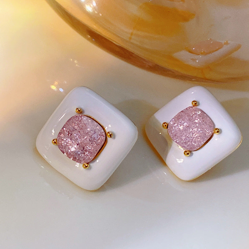 White Enamel Glaze Block Pink Zircon Pierced Earring