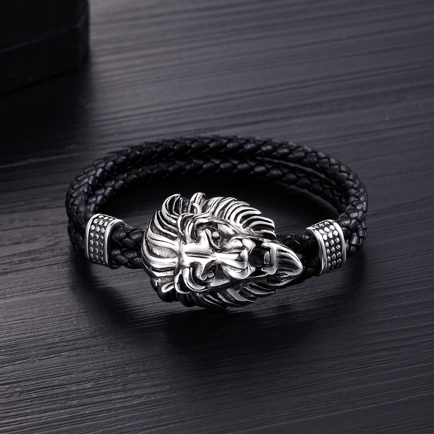 Stainless Steel Lion Head Genuine Leather Bangle Bracelet