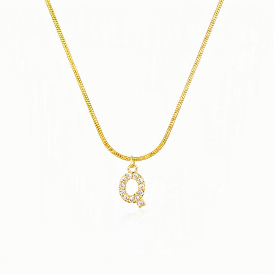 18K Gold Snake Herringbone Chain with A-Z Alphabet Letter Pendant Necklace