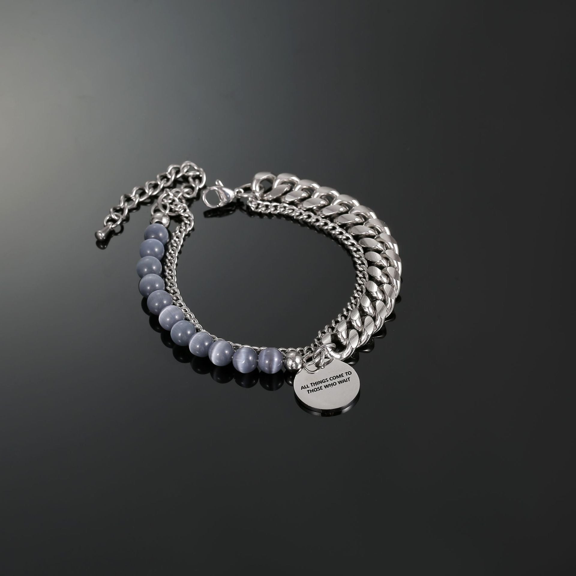 Gray Blue Cats-Eye Beads Double Layered Chain Bracelet