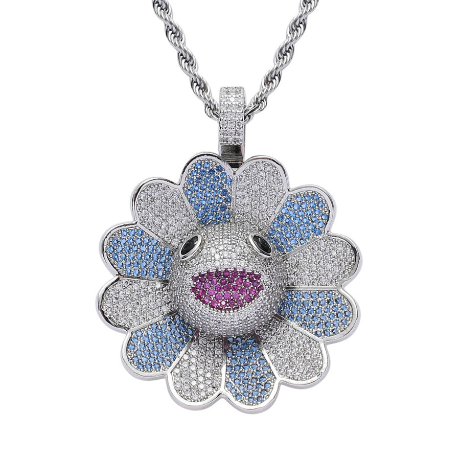 Zircon Inlaid Copper & Rotatable Colorful Sun Flower Pendant Necklace