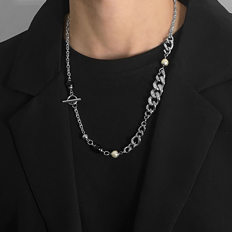 Pearl Diamond Inlaid Titanium Steel Chain OT Buckle Necklace for Men