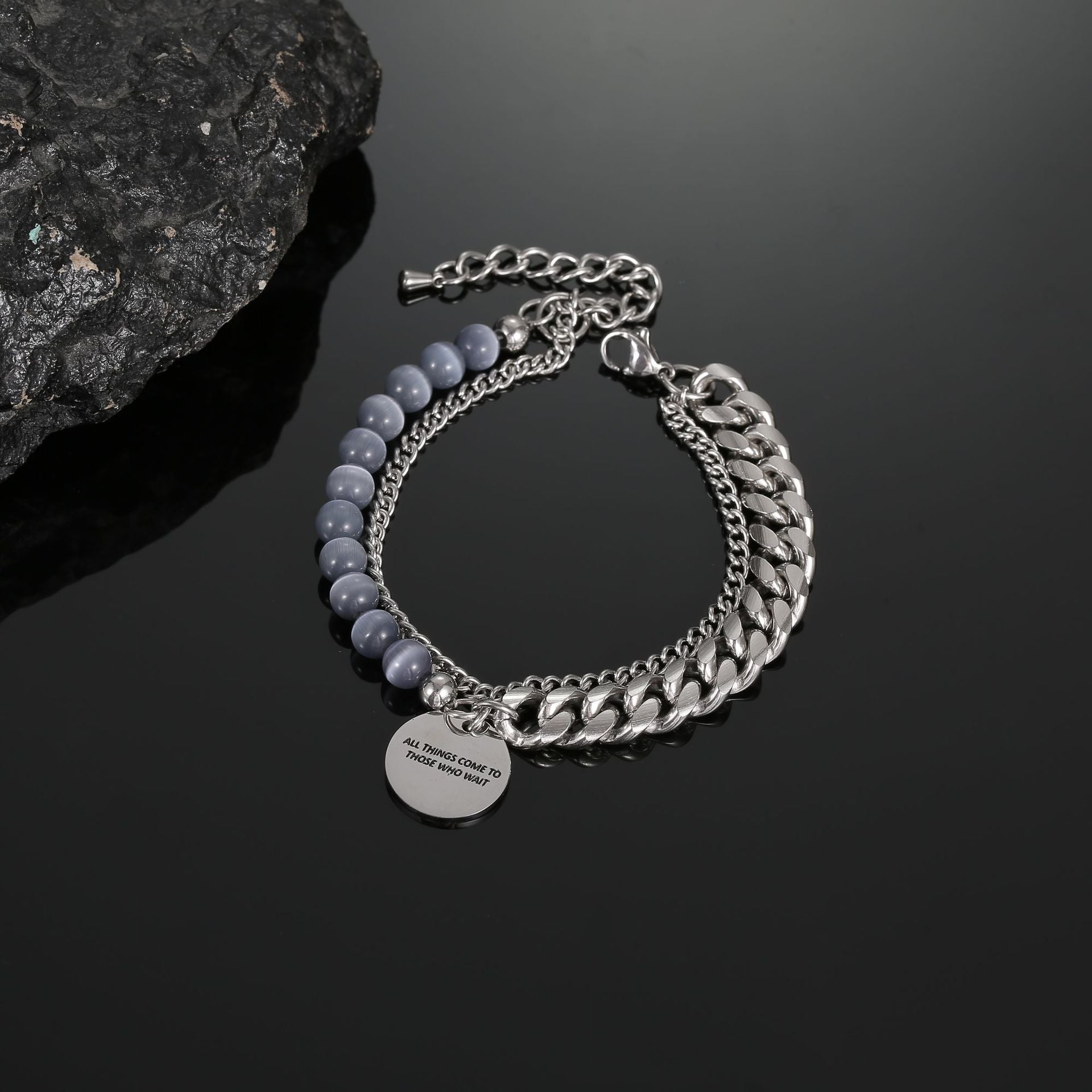 Gray Blue Cats-Eye Beads Double Layered Chain Bracelet