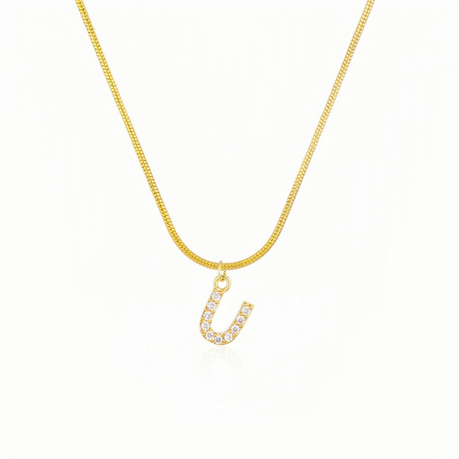 18K Gold Snake Herringbone Chain with A-Z Alphabet Letter Pendant Necklace