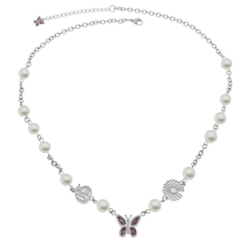 Stainless Steel Pearl Butterfly Pendant Necklace