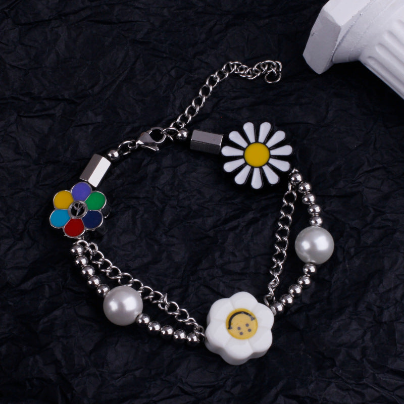 Smile Face Sun Flower Pearl Necklace & Bracelet Set