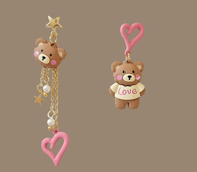 Cute Heart Bear Asymmetrical Earring