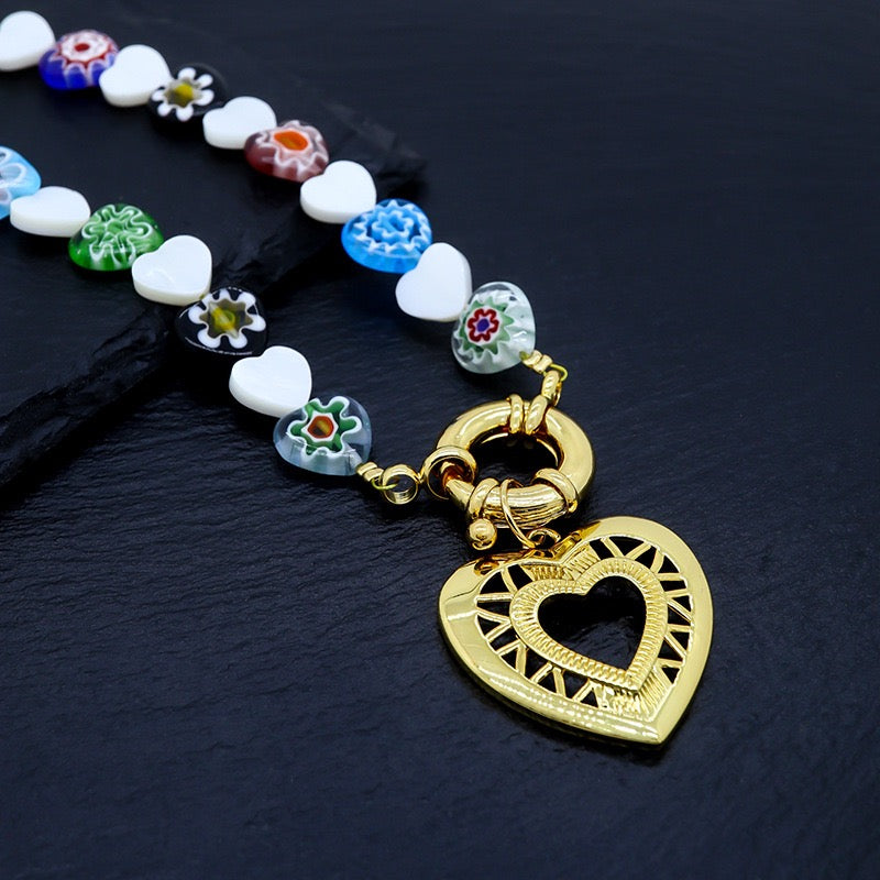 Real Gold Plated Heart Pearl Coloured Glaze Necklace