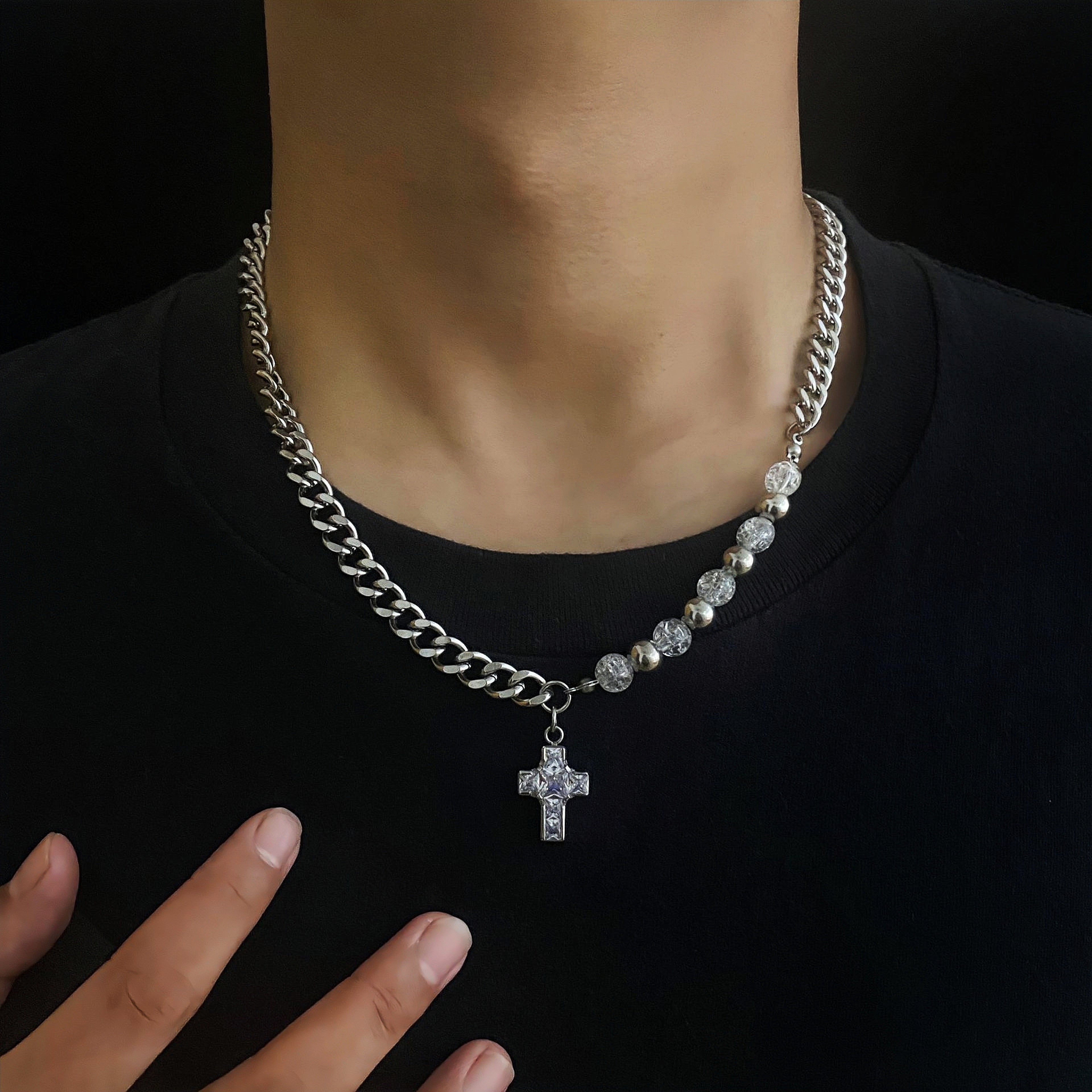 Titanium Steel Rhinestone Inlaid Cross Quban Chain Necklace for Men