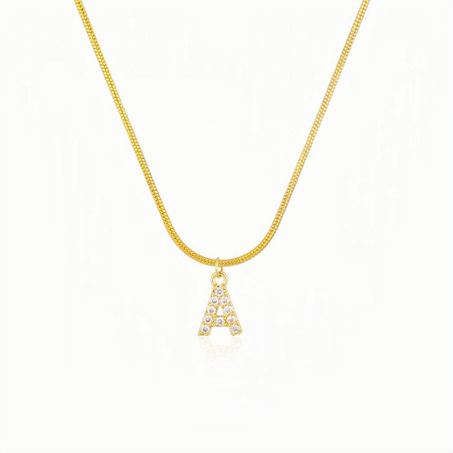 18K Gold Snake Herringbone Chain with A-Z Alphabet Letter Pendant Necklace