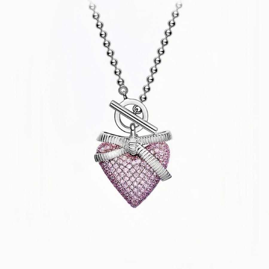 Heart Necklace With Pink Zircon & Bow Decor