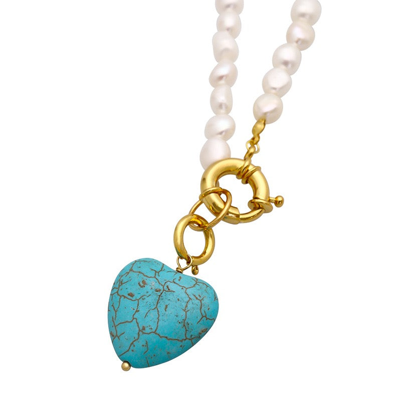 Freshwater Pearl Turquoise Heart Pendant Necklace