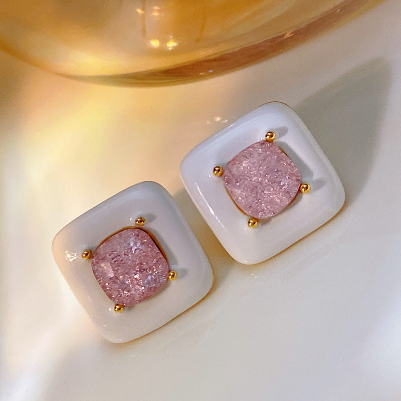 White Enamel Glaze Block Pink Zircon Pierced Earring