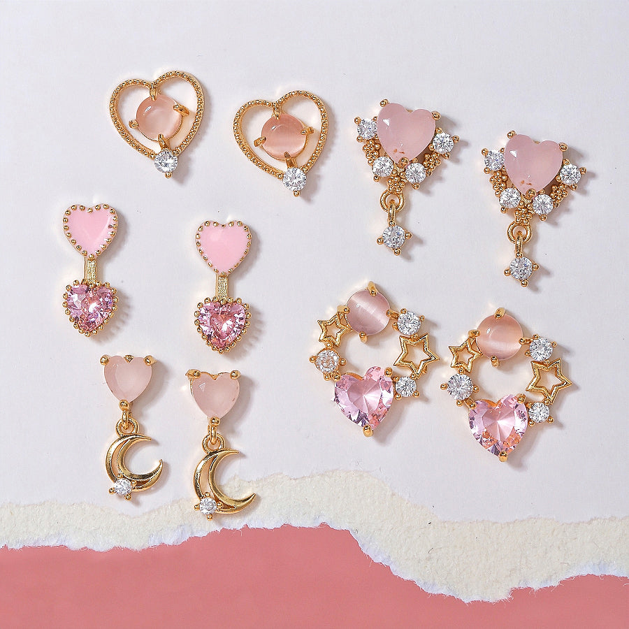 Pink Heart & Zircon Earrings