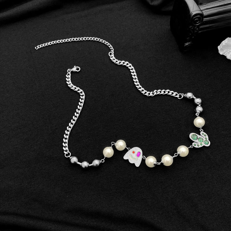 Titanium Steel Chain Ghost & Gem Inlaid Pearl Beaded Necklace for Men