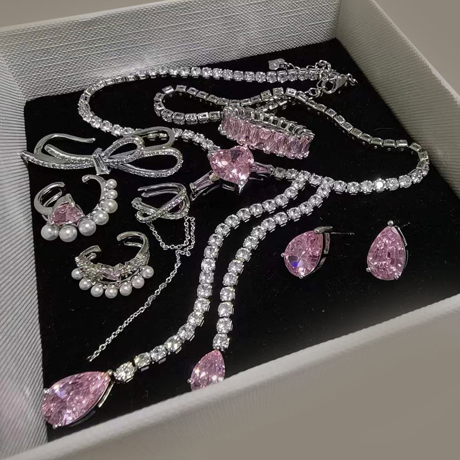 Pink Zircon Inlaid Chain Ear Bone Clip Earring Set