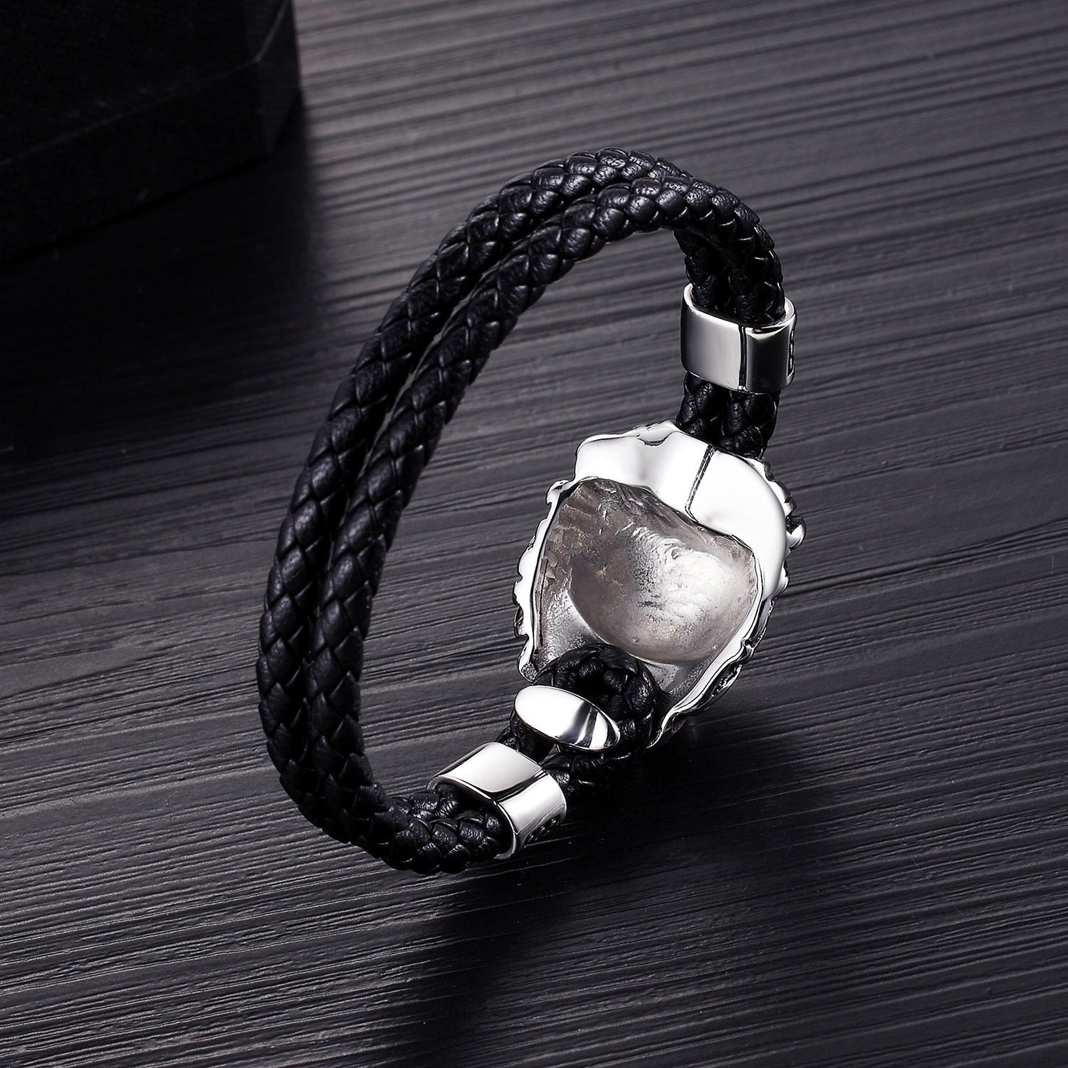 Stainless Steel Lion Head Genuine Leather Bangle Bracelet