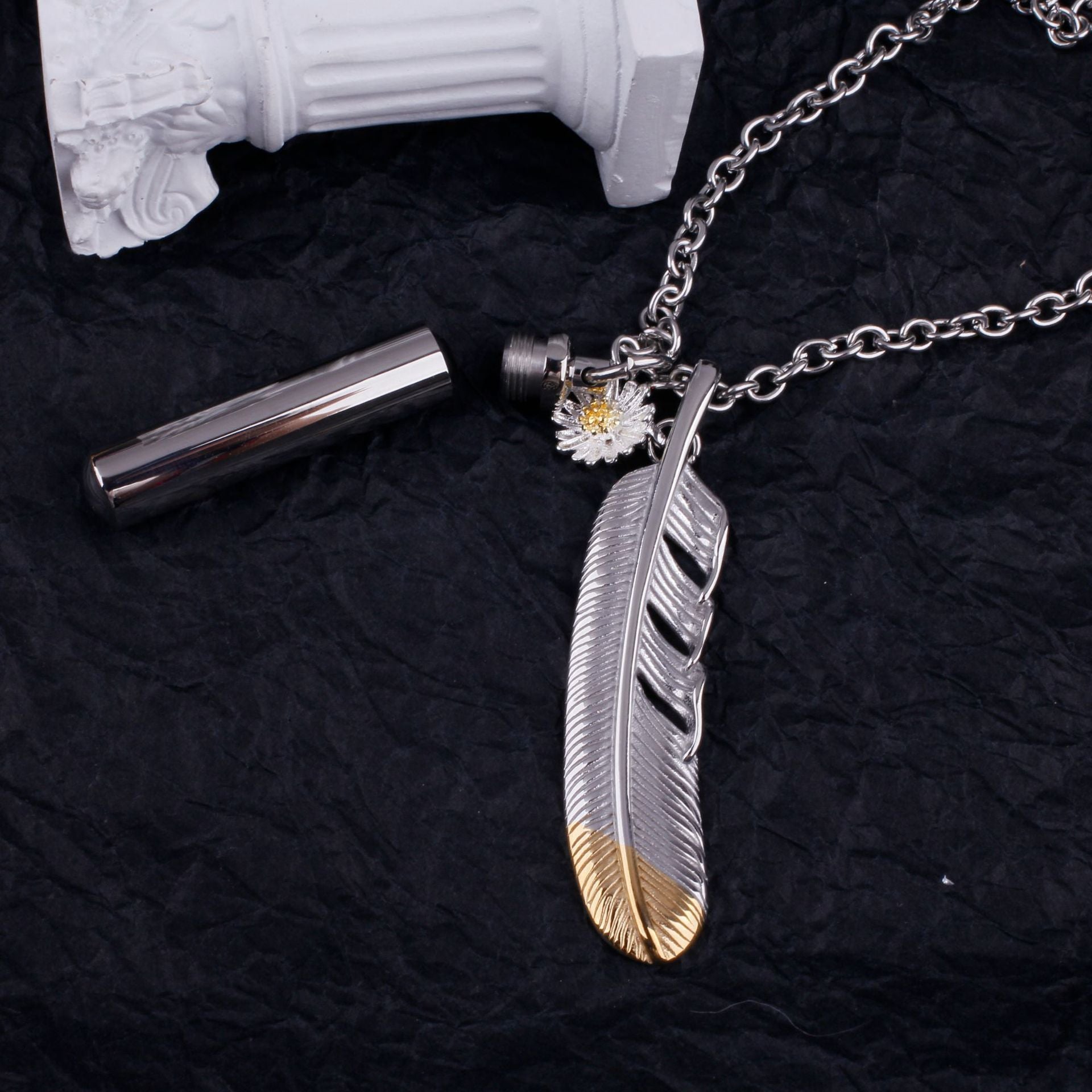 Stainless Steel Feather Daisies Pendant Necklace