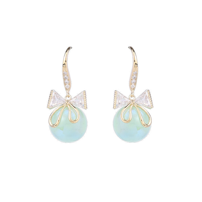 Pearl with Zircon Inlaid Bows Drop Earrings