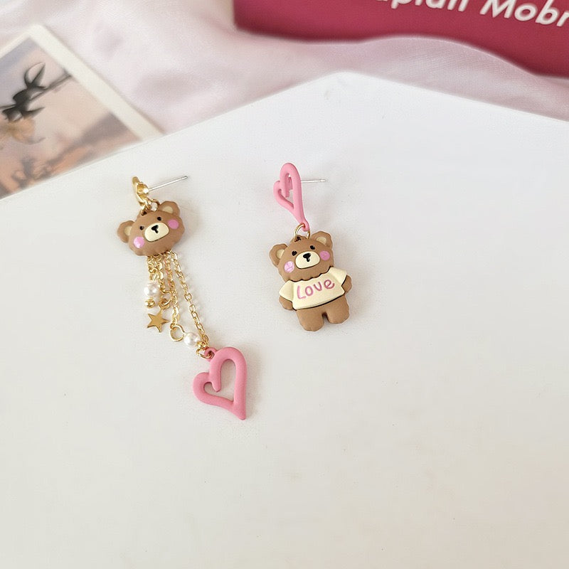 Cute Heart Bear Asymmetrical Earring