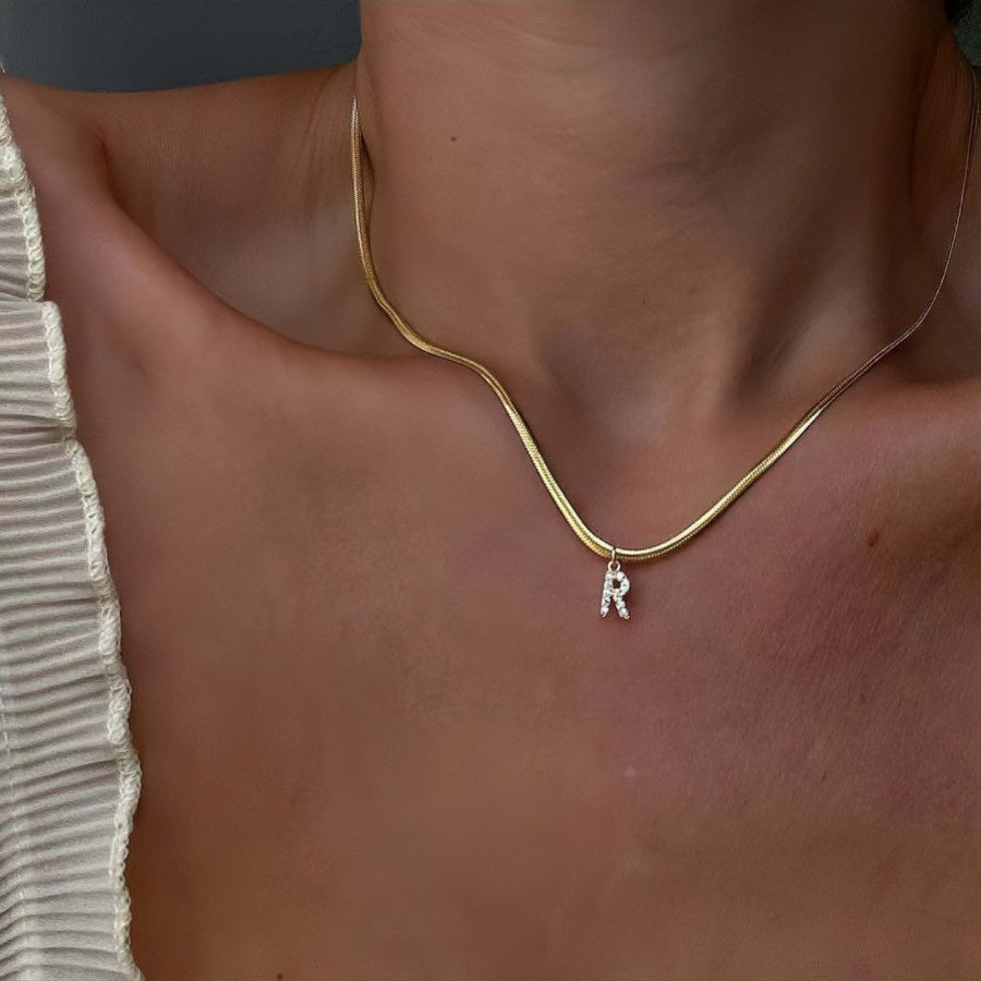 18K Gold Snake Herringbone Chain with A-Z Alphabet Letter Pendant Necklace