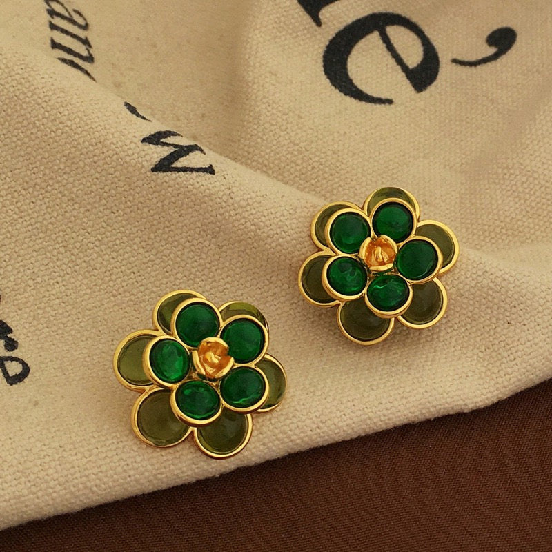 Vintage Real Gold Plated Green Flower New Pierced Earring