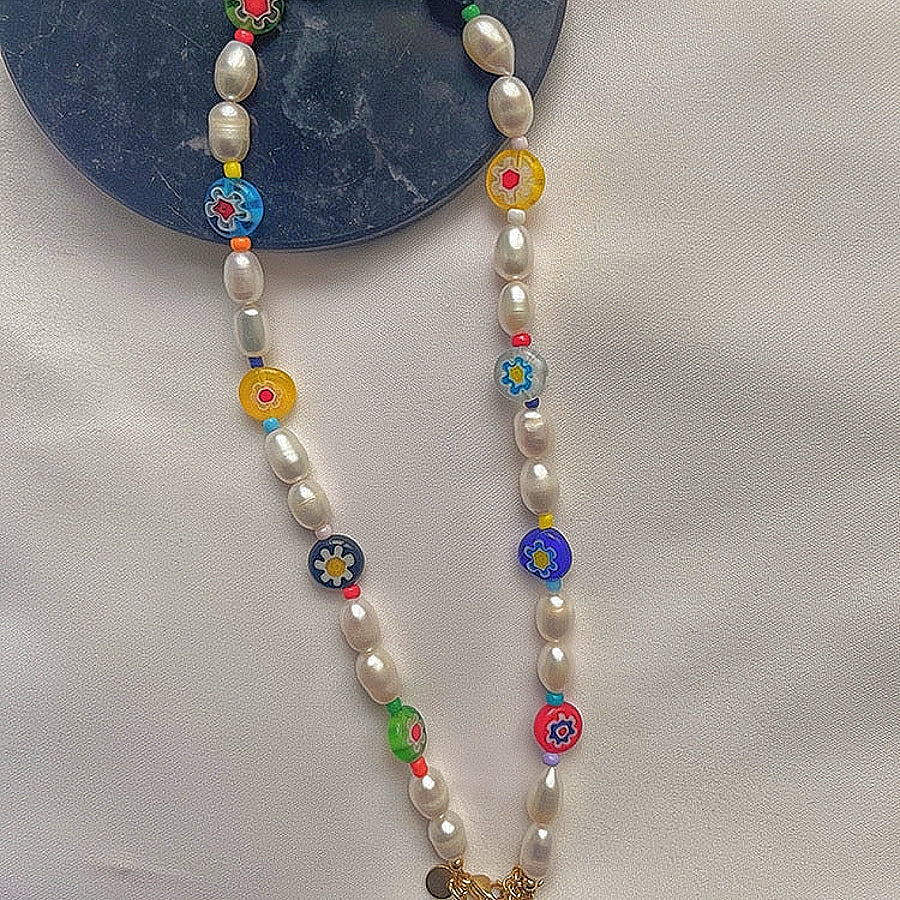 18k Gold Bohemian Natural Freshwater Pearl & Colored Glaze Necklace