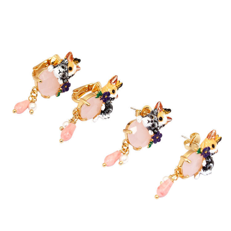 Handmade Chihuahua Enamel Pink Gem Earrings