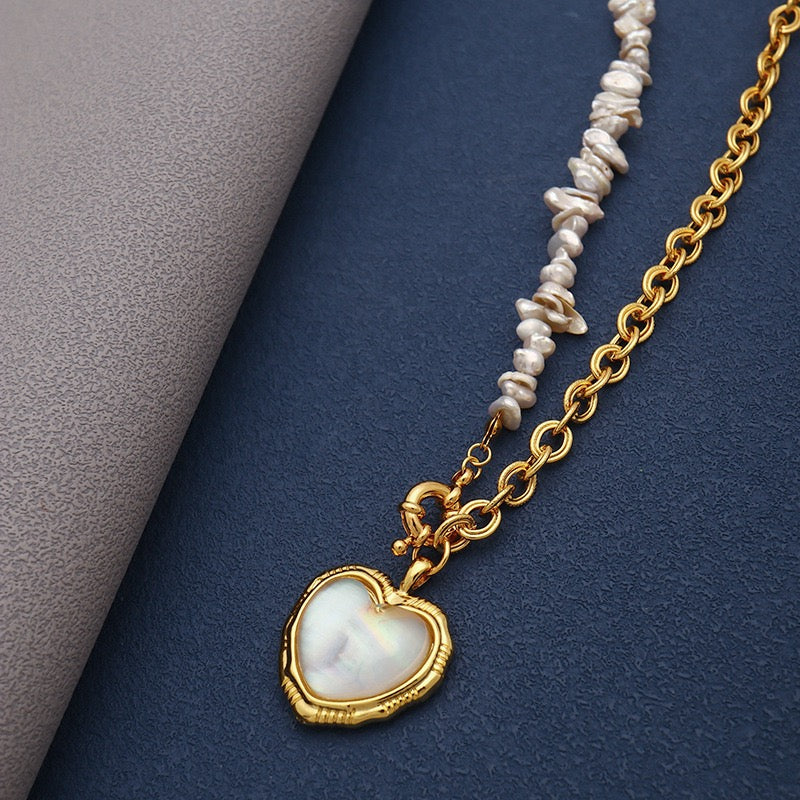 Vintage Heart Pearl with Iron Chain and Irregular Freshwater Pearl Beads Spell