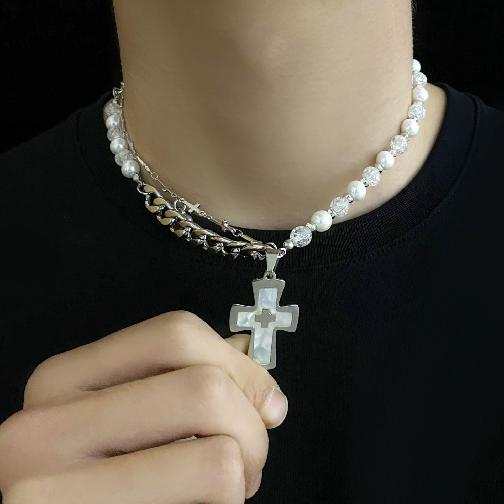 Titanium Steel Pearl Beaded Cross Pendant Necklace for Men