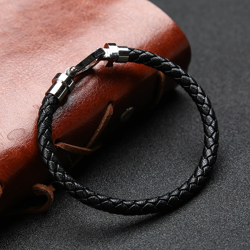 Three Colors Stainless Steel & Genuine Leather Horsebit Bangle Bracelet