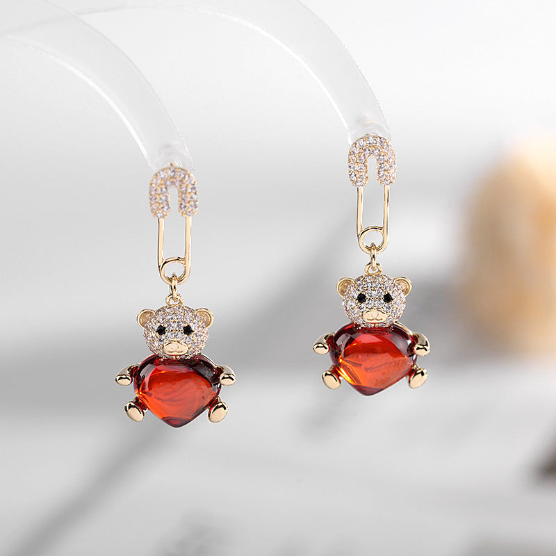 Real Gold Plated Cute Heart Zircon Inlaid Bear Earrings