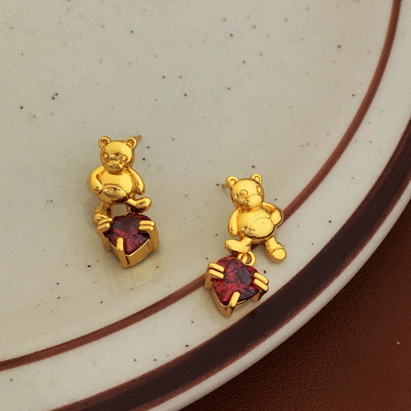 Vintage Little Bear Zircon Inlaid Drop Earrings