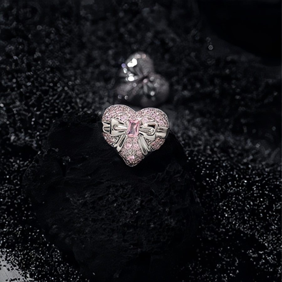 Heart Earrings with Pink Zircon & Bow Decor